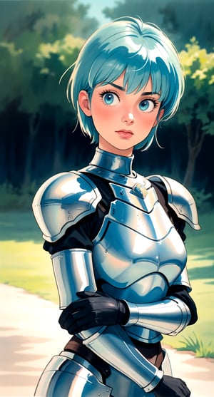 centered, upper body, award winning upper body portrait, (detailed face), (beautiful detailed eyes:1.2), (glowinig eyes:1.2), (aura:1.1), | solo, knight woman, short hair, aqua hair color, light blue eyes, (black knight tight armor), | symetrical and detailed armor, | fantasy town, medieval, european street, | bokeh, depht of field, | hyperealistic shadows, smooth detailed, blurred background, | 1980s \(style\), painting \(medium\), retro artstyle, watercolor \(medium\), takada akemi,