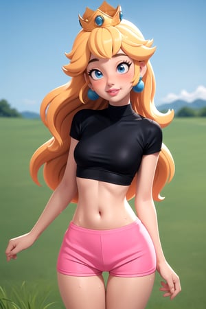 centered, realisic outfit, | best quality, masterpiece, detailed background, highly detailed, intricate, detailed face, long eyelashes, detailed eyes, (standing:1.1), (thick thighs:1.0), (small breasts:1.1), (grassy fields), (solo), (princess peach:1.1), (light blue eyes), (blonde hair:1.1), (long hair, messy hair:1.2), (thick lips:1.3), (crown, blue earrings:1.2), (pale skin:1.0), (black crop top, pink sport shorts:1.3), (thigh gap:1.4), (stomach, navel), (sweat:1.2) (groin:1.3), (light smile, blush, nose blush:1.1), 3DMM,