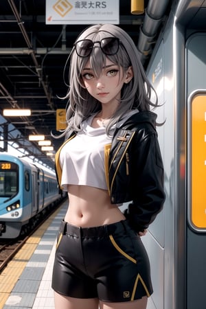 centered, upper body, cowboy shot, standing, arms behind back, (looking at viewer:1.2), | stelle hsr, | 1girl, solo, yellow eyes, long hair, grey hair, hair between eyes, black eyewear on head, | black open jacket, crop top, navel, midriff peak, black shorts, | train station, subway scenery, train, metroline, | bokeh, depth of field, ,stelle hsr