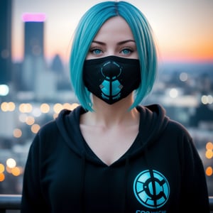 centered, masterpiece, face portrait, (frontal view, looking at front, facing viewer:1.2), | 1girl, solo, aqua hair color, short hairstyle, light blue eyes, | (black mouth mask:1.2), dark blue hoodie, | city lights, sunset, buildings, urban scenery, | bokeh, depth of field, |