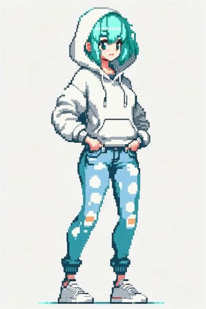 woman with aqua hair, short hairstyle, hoodie, jeans, barefoot, (white background), simple background, full body, (pixel), pixel