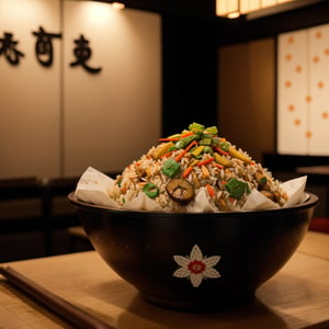 centered, photography, analog, | fried rice bowl dish, food photo, restaurant, table, japanese restaurant, | depth of field, bokeh,