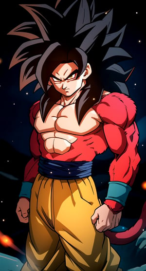 centered, solo, man, upper body, standing, arms at sides, | aura, electricity, Super_Saiyan_4_Goku, 1boy, male focus, super saiyan, tail, wristband, pants, red fur, black hair, (looking at viewer), | china mountains, temple, | bokeh, depth of field,