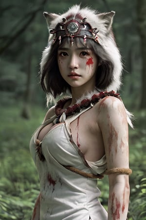 (masterpiece:1.2), (hig quality:1.2), princess mononoke whit large breasts, serious face whit some blood stains, details, realistic, photography, blurry in a darkness forest at night, (mounting at very big white wolf:1.2),