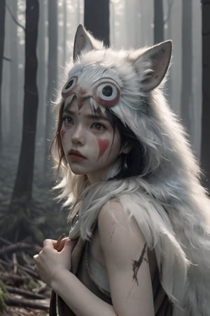 (masterpiece:1.2), (hig quality:1.2), 1girl, solo, full shot of beautiful princessmononoke, serious and angry, )crying:1.1), details, realistic, photography, (burning forest:1.2) at background, softfocus, white wolf companion