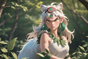(masterpiece:1.2), (hig quality:1.2), 1girl, full view shot of beautiful princessmononoke, serious and angry, leaf -shaped earrings, high details, realistic, photography, beautifull green and bight detailed  forest at background, softfocus, 1 giant white wolf companion