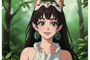 (masterpiece:1.2), (hig quality:1.2), 1girl, full view shot of beautiful princessmononoke, happy and smile, leaf -shaped earrings, high details, realistic, photography, photorealistic, beautifull green and bight detailed  forest at background, softfocus