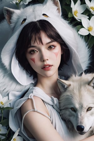 (masterpiece:1.2), (hig quality:1.2), 1girl, solo, glamour portrait shot from above of beautiful (princessmononoke) lying next to a wolf surrounded by flowers, pixie cut, extremely short hair, (white wolf), serious, details, realistic, photography, blurry background, softfocus, face focus