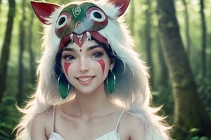 (masterpiece:1.2), (hig quality:1.2), 1girl, full view shot of beautiful princessmononoke, happy and smile, leaf -shaped earrings, high details, realistic, photography, beautifull green and bight detailed  forest at background, softfocus
