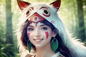 (masterpiece:1.2), (hig quality:1.2), 1girl, full view shot of beautiful princessmononoke, happy and smile, leaf -shaped earrings, high details, realistic, photography, photorealistic, beautifull green and bight detailed  forest at background, softfocus