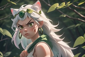 (masterpiece:1.2), (hig quality:1.2), 1girl, full view shot of beautiful princessmononoke, serious and angry, leaf -shaped earrings, high details, realistic, photography, beautifull green and bight detailed  forest at background, softfocus, 1 giant white wolf companion