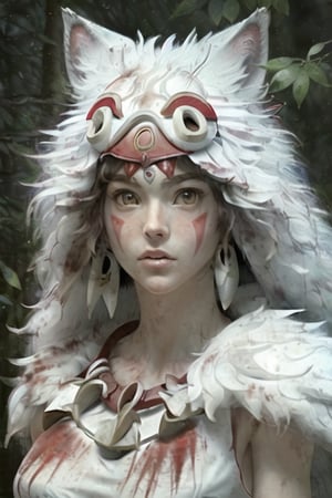 (masterpiece:1.2), (hig quality:1.2), princess mononoke whit beautifull face, serious face whit some blood stains, details, realistic, photography, blurry in a darkness forest, (mounting at very big white wolf:1.4), full body shot,princessmononoke