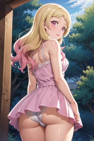 (masterpiece, best quality, ultra-detailed), (illustration), (beautiful detailed eyes), (1girl), (solo),  onitsuka natsumi, blonde hair, pink eyes, gradient hair, dress, from behind, looking back, cowboy shot, panties,