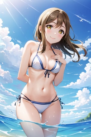 masterpiece, best quality, 1girl, solo, kunikida hanamaru, brown hair, yellow eyes, long hair, bikini, desert, ocean, greenary, looking at the viewer, smile, from below, arms behind back, 