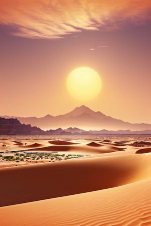 A panoramic view of the Arabian desert, with Mount Jabal al Musa in the background. The sun is setting behind the mountain, creating a spectacular orange and pink sky. In the foreground, golden sand dunes can be seen, with some scattered rocks and bushes here and there. In the center of the image, there is a small oasis with palm trees and a small lake surrounded by vegetation. The image has a feeling of tranquility and serenity.