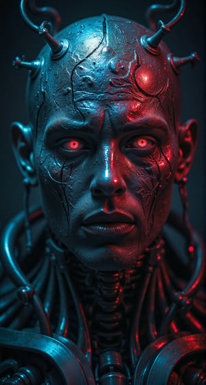 A portrait of an evil half-robot creature, with a face that combines cold metal and weathered skin, fused in a disturbing way. It wears Halloween-themed makeup that highlights its sinister features, including deep shadows and macabre details around its eyes and mouth. The environment is eerie and dark, enveloped in a gloomy atmosphere. The color palette follows a triad with dark blue, maroon and metallic tones, creating an intense visual harmony. The creature wears a diabolical costume that combines robotic elements and supernatural-looking details, accentuating its evil presence in the darkness.