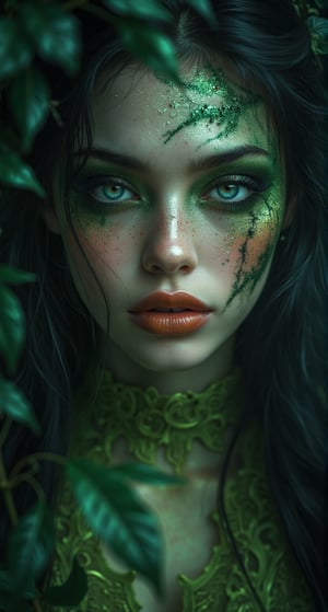 Una ninfa con maquillaje impactante inspirado en motivos de Halloween, con detalles oscuros y enigmáticos alrededor de los ojos y boca, resaltando su mirada intensa.  Lleva un top verde oliva que contrasta con su piel pálida y agrega un toque natural al look.  La imagen utiliza una paleta de colores en triada, con armonía de tonos profundos y saturados, como verdes oliva, naranjas oscuros y violetas, creando un equilibrio visual atractivo.  El ambiente es tétrico y oscuro, rodeado de sombras y neblina, que añade un aire misterioso y sobrenatural a la escena.