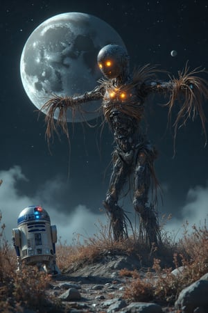 "A robot scarecrow in a lunar field, with R2-D2 at his side.", in the background a ((("Scarecrow Futuristic" logo))(

"style": "Futuristic and technological style",
"technique": "Use of expressive and dynamic brush strokes, with a focus on texture and lighting.",
"colors": "Dark and metallic colors, with a color palette: Black, gray, dark blue, silver",
"details": "The robot scarecrow has a futuristic and technological appearance, with lights and screens flashing on its body. R2-D2 stands next to it, looking up at the scarecrow with curiosity. The moon is in the background, looking desolate and empty.",
"lighting": "The lighting is dramatic and expressive, with light and shadow highlighting the figure of the robot scarecrow and the lunar atmosphere."