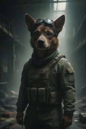 Create an illustration of an anthropomorphic dog dressed in tactical gear, complete with goggles and a headband. The setting is an industrial interior with pipes and metal structures, rendered in shades of green and brown to convey a gritty atmosphere.
