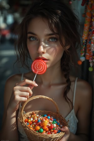 A young, sexy and sensual woman, erotic small breasts, intimate and deep gaze, looking at the camera, intense gaze, detailed eyes, intense and powerful gaze, eats a lollipop in a pastry shop full of colorful sweets. The portrait is striking and is captured in the style of photographers Peter Lindbergh and Lee Jeffries, with a strong focus on shadows and facial textures. The woman holds a basket of candies, which becomes the central element of the image. The atmosphere is intimate, contrasting the harsh dramatic lighting with the softness of the candy-filled environment, creating a dreamlike but raw scene.