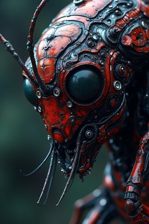 Create an image of a biomechanical creature with a low-cut exoskeleton, intimate and deep gaze, bright segmented captive gaze in deep reds, reflective silvers and dark blues. It includes a helmet-like head structure with thin, whip-like appendages extending from it. The eyes should be large, multifaceted like those of an insect. Add intricate patterns and textures that combine organic shapes with artificial design elements.