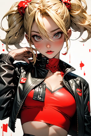 Create an image of an individual with blonde hair tied into two high ponytails secured by red bands, wearing a detailed black leather jacket adorned with green details and red accents in a paint splatter pattern. Include another figure that this individual is holding closely, dressed in a white top with red polka dots. Set them against an abstract background suggestive of shattered glass to convey movement and tension within the scene.
