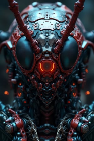 Create an image of a biomechanical creature with a low-cut exoskeleton, intimate and deep gaze, bright segmented captive gaze in deep reds, reflective silvers and dark blues. It includes a helmet-like head structure with thin, whip-like appendages extending from it. The eyes should be large, multifaceted like those of an insect. Add intricate patterns and textures that combine organic shapes with artificial design elements.