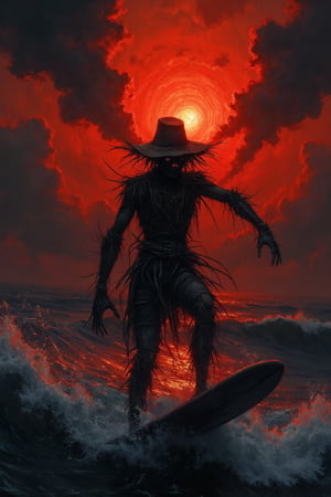 "A scarecrow on a surfboard, surfing under a gloomy and mysterious sunset.",

"style": "Dark and mysterious style",
"technique": "Using dark and expressive brushstrokes, with a focus on texture and lighting.",
"colors": "Black, deep red, dark blue, grey",
"details": "The scarecrow has an intense and focused expression, with eyes that seem to see beyond reality. The surfboard is made of dark wood and has a curvilinear shape, with a rough texture that seems to have been carved by the hand of a craftsman. The sunset is a deep red color, with clouds of smoke and flames rising into the sky.",
"lighting": "The lighting is dark and mysterious, with light and shadows that highlight the figure of the scarecrow and the gloomy atmosphere. The deep red sunset and the clouds of smoke and flames create an effect of apocalypse and destruction."