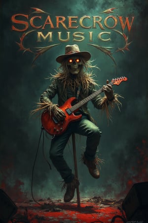 "A scarecrow on a music stage, playing an electric guitar and jumping in the air, in a gloomy setting with maroon and olive green colors.", in the background the logo "Scarecrow Music"

"style": "Dark and gloomy style",
"technique": "Use of expressive and dynamic brushstrokes, with a focus on texture and lighting.",
"colors": "Maroon, olive green, dark blue",
"details": "The scarecrow has an expression of passion and energy, with eyes that shine with an intensity that is contagious. The guitar is a tool of expression for the scarecrow, who plays it with an intensity and passion that is palpable. The setting is gloomy and dark, with shadows that create an effect of mystery and tension.",
"lighting": "The lighting is dramatic and expressive, with light and shadow that highlights the scarecrow's figure and the gloomy atmosphere. The maroon and olive green colors create an effect of complementarity and harmony."