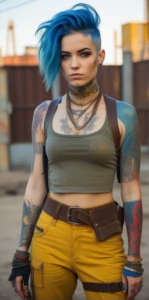 A young woman in a post-apocalyptic cyberpunk style, blue dyed hair with shaved sides and long top, face tattoos including "NOT YOURS" on forehead. Wearing bright yellow crop top and worn brown pants. Intricate blue and red tattoos covering body. Brown scarf around neck, leather straps across torso. Belt with pouches and sword handle. Serious, defiant expression. Solid yellow background. Hyper-realistic digital art style.