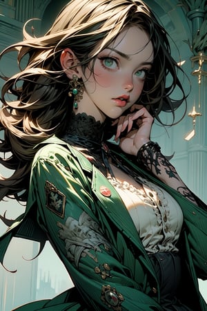Create an image featuring a Victorian-era character with intricate tattoos on their arms, wearing a green jacket over a bloodstained white shirt with ruffles. Include three dark disintegrating spheres floating above their head against a moody castle backdrop in muted greens, grays, and browns.
