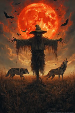 "A scarecrow in a chaotic, desolate field, surrounded by wolves and bats, and an apocalyptic sun in the sky.",

"style": "Apocalyptic and chaotic style",
"technique": "Using dark, expressive brushstrokes, with a focus on texture and lighting.",
"colors": "Deep red, orange, yellow, dark grey",
"details": "The scarecrow stands in a chaotic, desolate field, surrounded by wolves and bats circling overhead. The apocalyptic sun shines in the sky, with a deep red color and an atmosphere of destruction and chaos.",
"lighting": "The lighting is intense and dramatic, with light and shadow highlighting the scarecrow's figure and the apocalyptic atmosphere. The deep red sun and the clouds of smoke and flames create an effect of destruction and chaos."