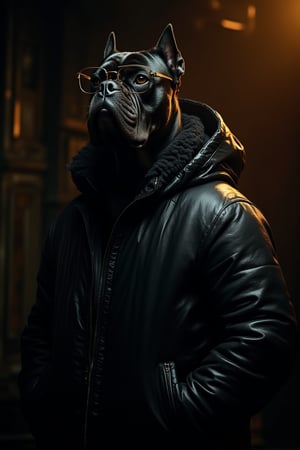 Create an image of a large, muscular black dog with glossy fur, styled as an anthropomorphic figure wearing a fitted black leather jacket and sophisticated gold-rimmed glasses. The setting should have low-key lighting that casts dramatic shadows while highlighting the contours of the muscular structure, along with an element of warm amber light suggesting sunlight from above right angle for contrast against a predominantly dark background.
