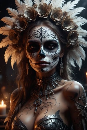 woman dressed in sugar skull costume feathers, amazing octane rendering, thick powder brown tones, silver halo, holy woman, black skeleton face, clear hood, hyper realistic concept art, flower,