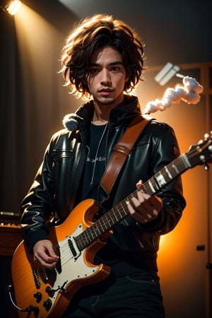 A close-up shot of a musician's figure shrouded in mystery, face obscured by shadows and wispy smoke. The musician's hands cradle a richly toned brown hollow-body electric guitar, its body gleaming warmly against the hazy orange-yellow-brown backdrop. A black leather jacket and tattered black pants clad the artist, exuding an air of rebellious nonconformity. The camera captures the musician's rugged silhouette amidst swirling vapors, creating a moody atmosphere of creative intensity.