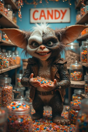 A mischievous gremlin inside a colorful candy store. The gremlin has big ears, sharp teeth, and a mischievous grin as he holds a handful of candy. Surrounding the gremlin are shelves filled with brightly colored jars filled with candies, cupcakes, and chocolates. On the wall behind the counter, a sign with the bold text "CANDY" stands out, creating a fun and chaotic atmosphere. The gremlin looks playful and cunning as he causes trouble in the candy-filled environment.