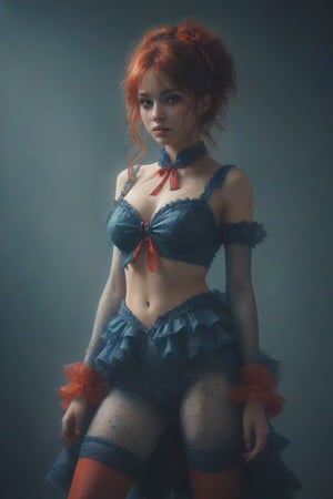 Create an ethereal image of a young, sensual and very sexy woman, displaying an extravagant costume with layered ruffles and polka dots in shades of blue and red. Includes detailed hair styled in vibrant orange-red buns on each side, finished with a matching bow, and printed leggings that complement the overall color palette of the outfit. Add a subtle watermark signature to the bottom right corner that says "Richard T."