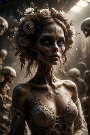 woman dressed in lace nightgown from future aliens costume, amazing octane rendering, brown tones of thick dust, silver halo, santa aliens, black skeleton face, light hood, hyper-realistic concept art, flowers,