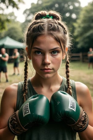 Create an image of a person looking at the camera, ready for a boxing match in an outdoor setting. The individual has intricately braided pigtails adorned with small green ribbons. They wear deep brown boxing gloves and a green sleeveless shirt. The background should be slightly blurred to highlight the subject in the foreground.
