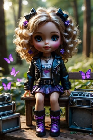 Create an image of a stylized doll with voluminous curly blonde hair, adorned with purple and blue highlights and bows. The doll should be dressed in a black leather jacket with silver studs, a matching skirt, and metallic purple boots, accessorized with necklaces and bracelets. Include a large silver boombox in front of the doll, who is seated on a wooden bench in a park with purple butterflies flying around.
