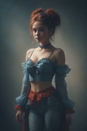 Create an ethereal image of a young, sensual and very sexy woman, displaying an extravagant costume with layered ruffles and polka dots in shades of blue and red. Includes detailed hair styled in vibrant orange-red buns on each side, finished with a matching bow, and printed leggings that complement the overall color palette of the outfit. Add a subtle watermark signature to the bottom right corner that says "Richard T."