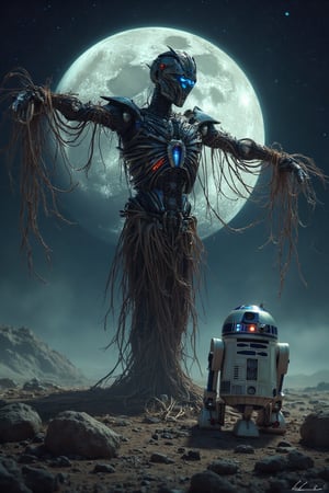 "A robot scarecrow in a lunar field, with R2-D2 at his side.", in the background a ((("Scarecrow Futuristic" logo))(

"style": "Futuristic and technological style",
"technique": "Use of expressive and dynamic brush strokes, with a focus on texture and lighting.",
"colors": "Dark and metallic colors, with a color palette: Black, gray, dark blue, silver",
"details": "The robot scarecrow has a futuristic and technological appearance, with lights and screens flashing on its body. R2-D2 stands next to it, looking up at the scarecrow with curiosity. The moon is in the background, looking desolate and empty.",
"lighting": "The lighting is dramatic and expressive, with light and shadow highlighting the figure of the robot scarecrow and the lunar atmosphere."