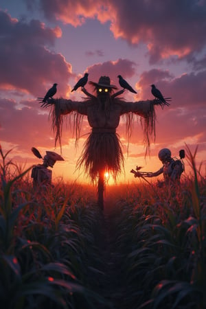 Create an image of a surreal sunset scene in a vast cornfield, with a scarecrow and a farmer robot as the central figures. The scarecrow stands tall in the middle of the field, its arms spread out, with a slightly menacing yet mystical appearance. Its clothes are tattered and made of old cloth and straw, with glowing eyes and crows perched on its shoulders. The robot farmer, made of rusty metal and wooden parts, is seen working calmly in the field, gathering corn or inspecting the plants. The sky is a deep granate color, with soft purples and pinks blending into the horizon as the sun sets, casting long shadows across the cornfield. The corn stalks are a rich olive green, creating a complementary color contrast with the sky. The overall atmosphere is dreamlike, with the soft, fading light giving everything a mysterious and otherworldly glow.