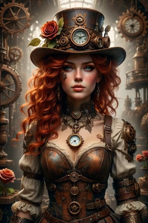 Create an image of a steampunk character with detailed accessories including gears, a compass, and floral decorations such as roses on their hat. The character should have curly red hair and wear clothing that resembles mechanical parts with an aged, rust-like texture in shades of brown, copper, and red.
