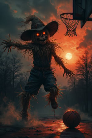 "A scarecrow playing basketball with a straw hat, in a gloomy setting with the setting sun, jumping towards the basket.", logo"scarecrow"

"style": "Dark and gloomy style",
"technique": "Use of expressive and dynamic brush strokes, with a focus on texture and lighting.",
"colors": "Dark and mysterious colors, with a color palette: Black, dark red, dark blue, orange-yellow",
"details": "The scarecrow has an expression of intensity and passion, with eyes that shine with a mysterious light. The basketball court is dark and deserted, with a setting sun illuminating the scene with a reddish and mysterious hue. The scarecrow jumps towards the basket, with a fluid and athletic movement, while the ball bounces on the ground with a dry and metallic sound.",
"lighting": "The lighting is dramatic and expressive, with light and shadows which highlight the figure of the scarecrow and the eerie atmosphere. The setting sun creates an effect of warmth and mystery."