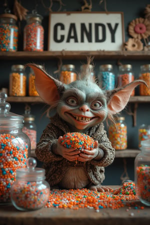 A mischievous gremlin inside a colorful candy store. The gremlin has big ears, sharp teeth, and a mischievous grin as he holds a handful of candy. Surrounding the gremlin are shelves filled with brightly colored jars filled with candies, cupcakes, and chocolates. On the wall behind the counter, a sign with the bold text "CANDY" stands out, creating a fun and chaotic atmosphere. The gremlin looks playful and cunning as he causes trouble in the candy-filled environment.