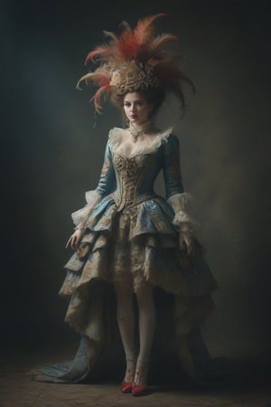 Create an image featuring a character dressed in an opulent Baroque-style costume adorned with soft blue and gold fabrics detailed with ornate patterns. Include accessories such as a large white ruffled collar, cuffs, puffed fabric at the waist holding small pouches, red-and-white striped stockings, golden shoes, and finish with a dramatic headpiece featuring a plume of red feathers against a dark muted background to emphasize the richness of the attire.
