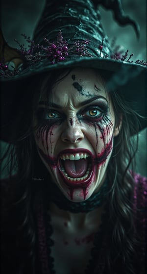 An angry witch with torn skin, displaying a disturbing and supernatural look. Her makeup is striking, with Halloween motifs that enhance her intense and angry expression, with dark and dramatic details around her eyes and mouth. The environment is gloomy and dark, shrouded in shadows and thick fog. The color palette follows a triad with maroon, dark greens and purple tones, creating a harmony that highlights the dark and mystical aspect of the scene. The dim lighting accentuates the witch's makeup and features, intensifying the supernatural atmosphere.