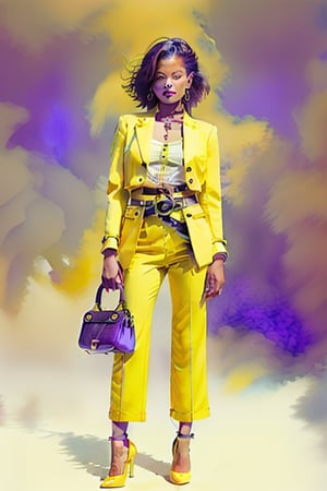 Create an image of an individual standing against a plain background, dressed in bold contrasting colors—a vibrant yellow top paired with high-waisted wide-leg purple pants and an overlying lighter purple blazer featuring button details and pockets. Include accessories such as a brown belt with circular buckle and matching yellow handbag adorned with character-like features.
