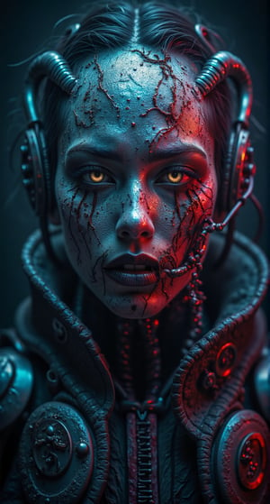 A portrait of an evil half-robot creature, with a face that combines cold metal and weathered skin, fused in a disturbing way. It wears Halloween-themed makeup that highlights its sinister features, including deep shadows and macabre details around its eyes and mouth. The environment is eerie and dark, enveloped in a gloomy atmosphere. The color palette follows a triad with dark blue, maroon and metallic tones, creating an intense visual harmony. The creature wears a diabolical costume that combines robotic elements and supernatural-looking details, accentuating its evil presence in the darkness.